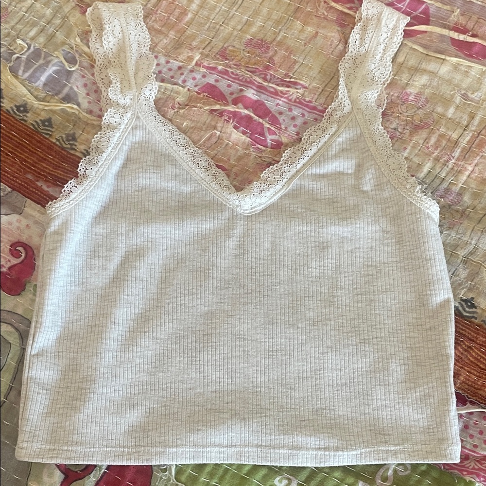 Lace Trim Ribbed Tank Top - Cream